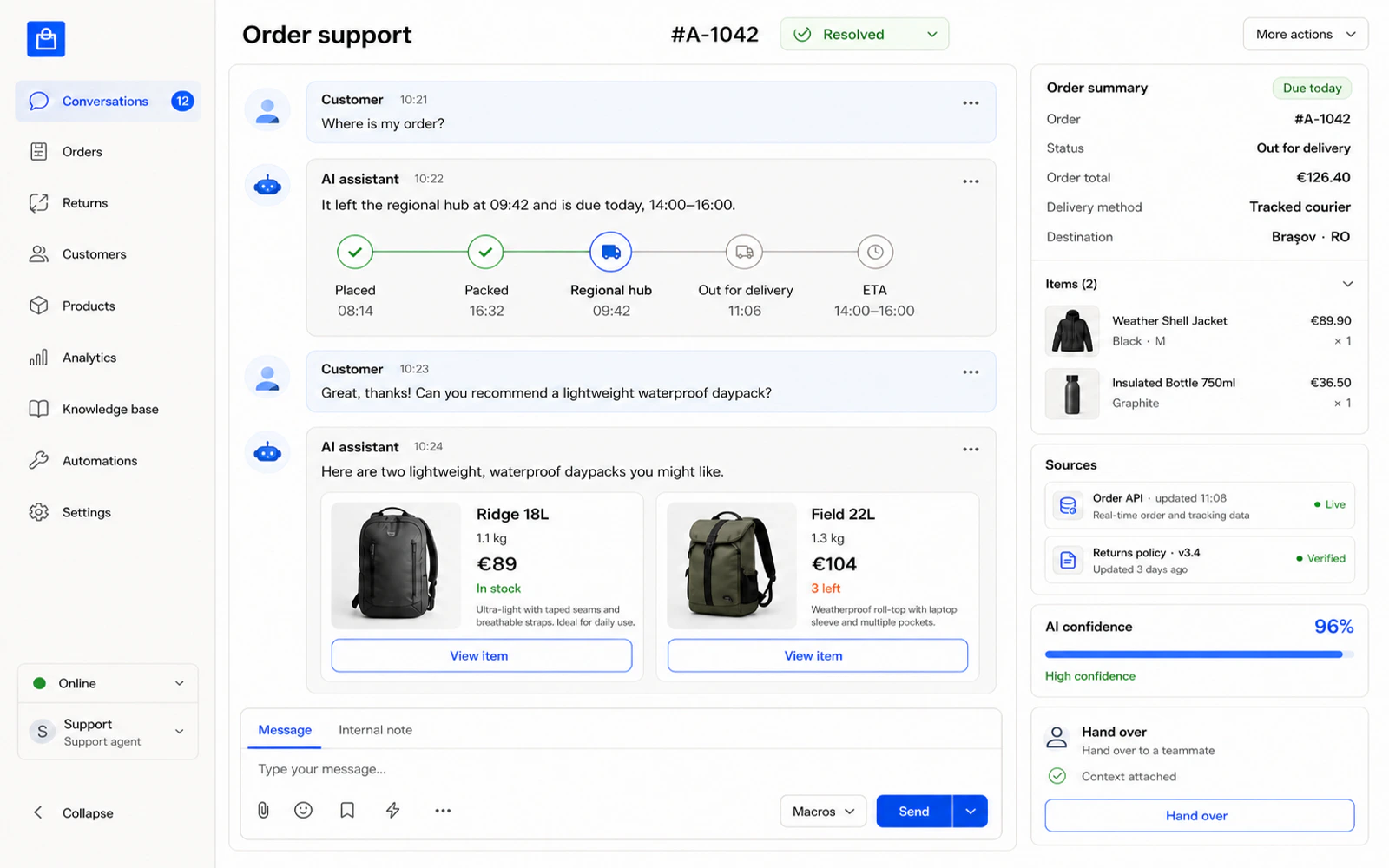 Conceptual AI assistant with order support, recommendations, sources and human handover