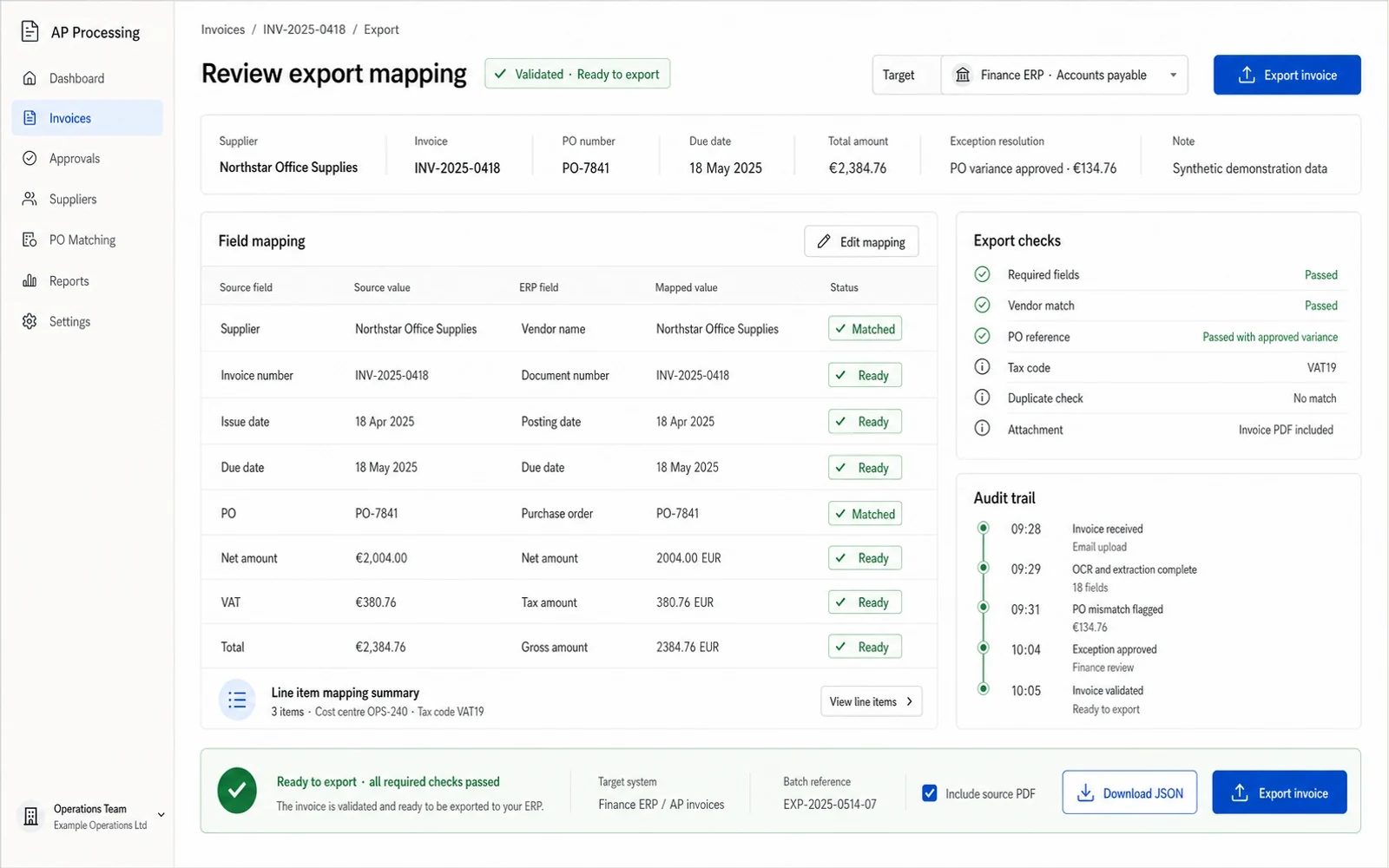 Conceptual interface for financial export mapping, audit and invoice status
