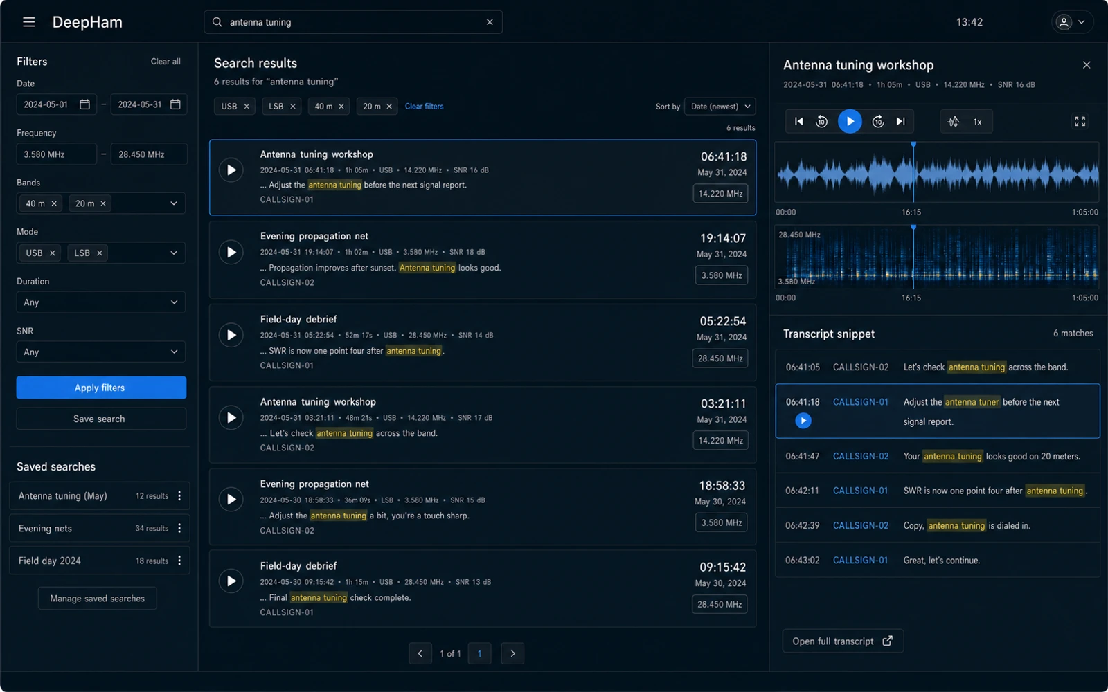 Conceptual DeepHam interface for full-text transcript search and contextual audio playback