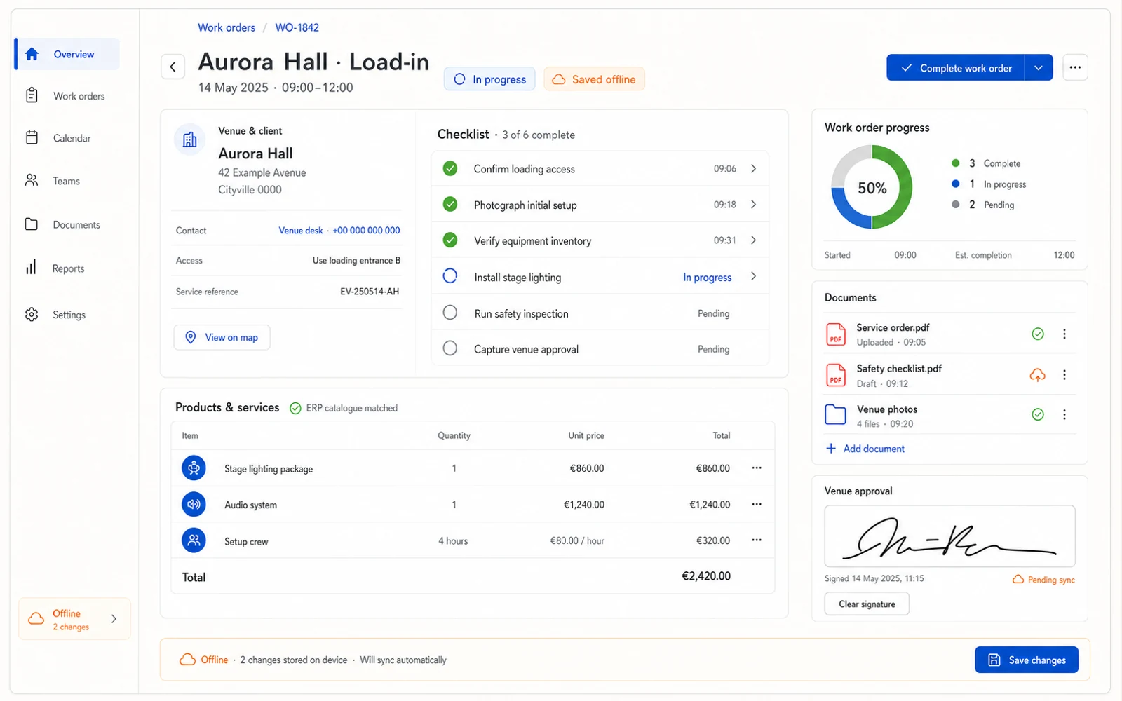 Conceptual SFA work order with checklist, services, documents and signature
