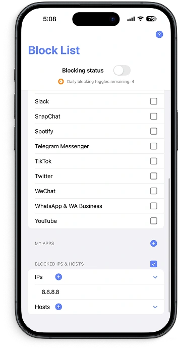 LetMeBe advanced blocking with custom IPs, hosts and per-app controls