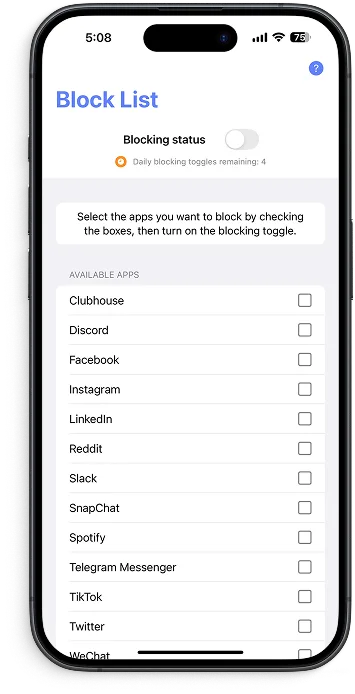 LetMeBe block list showing available apps with checkboxes for selective internet blocking