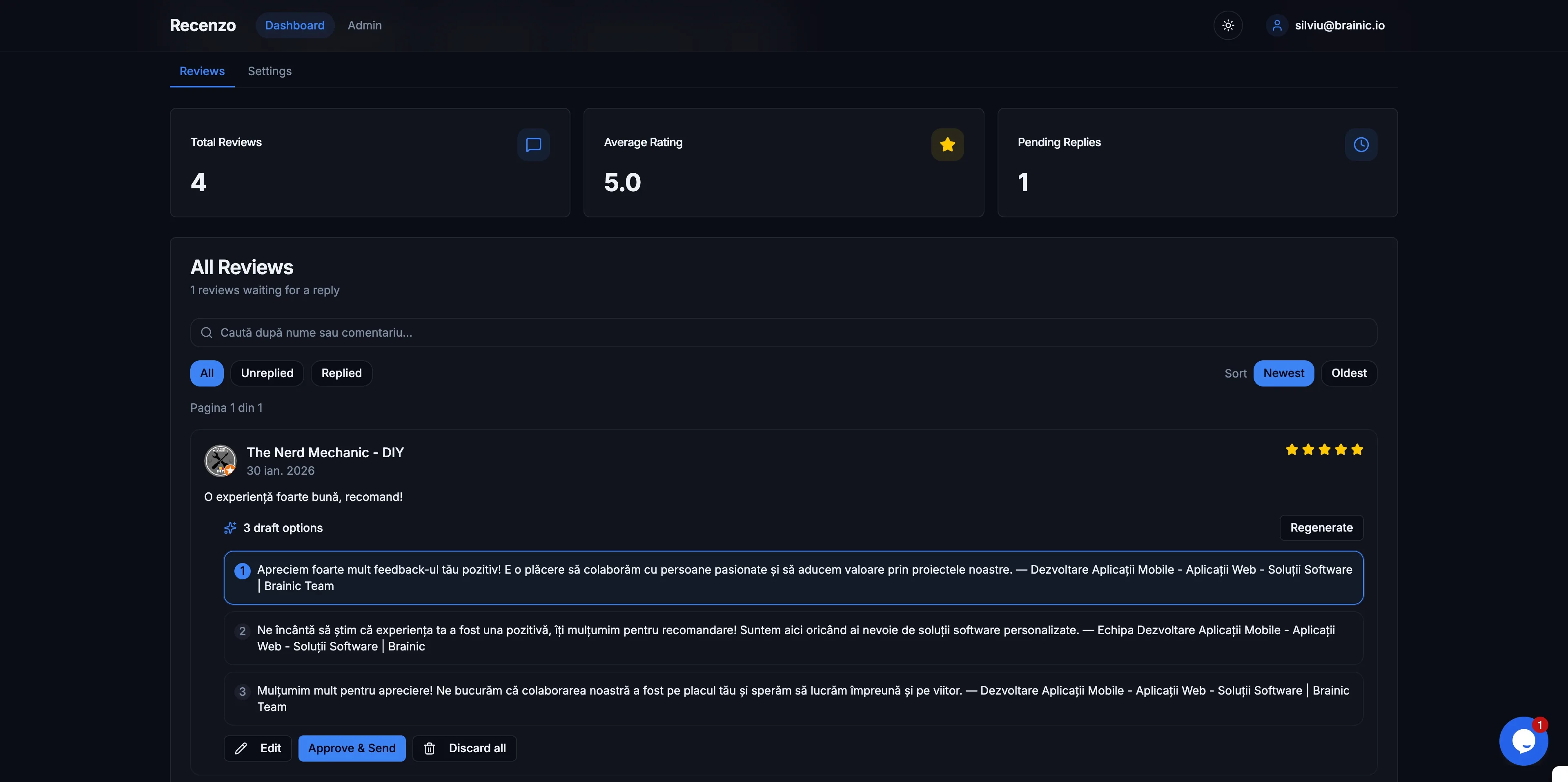 Review detail showing 3 AI-generated draft replies with approve and send controls