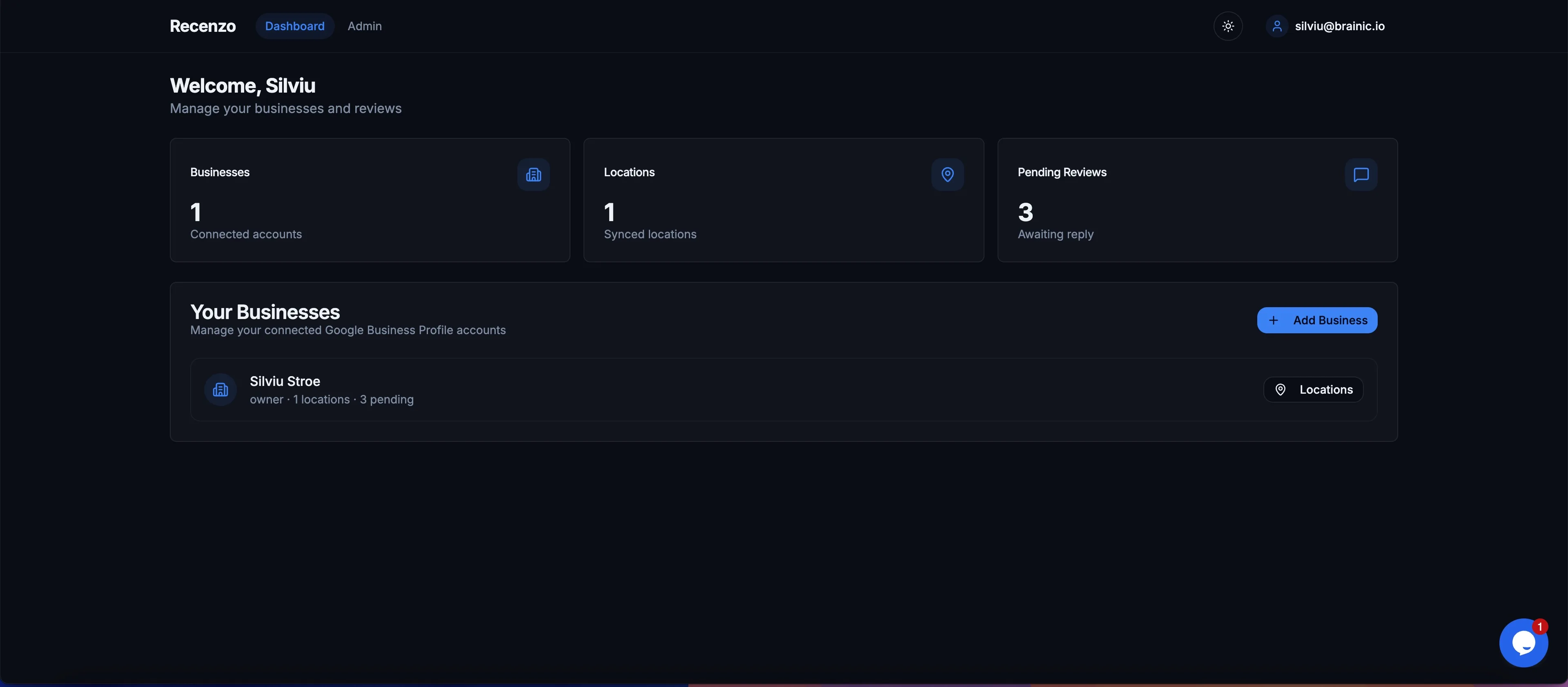 Recenzo dashboard with connected businesses, synced locations and pending reviews