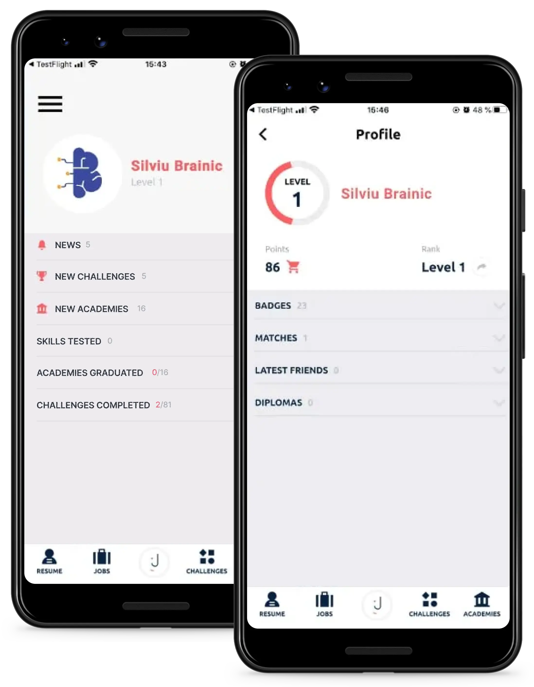 Menu and user profile with badges and level