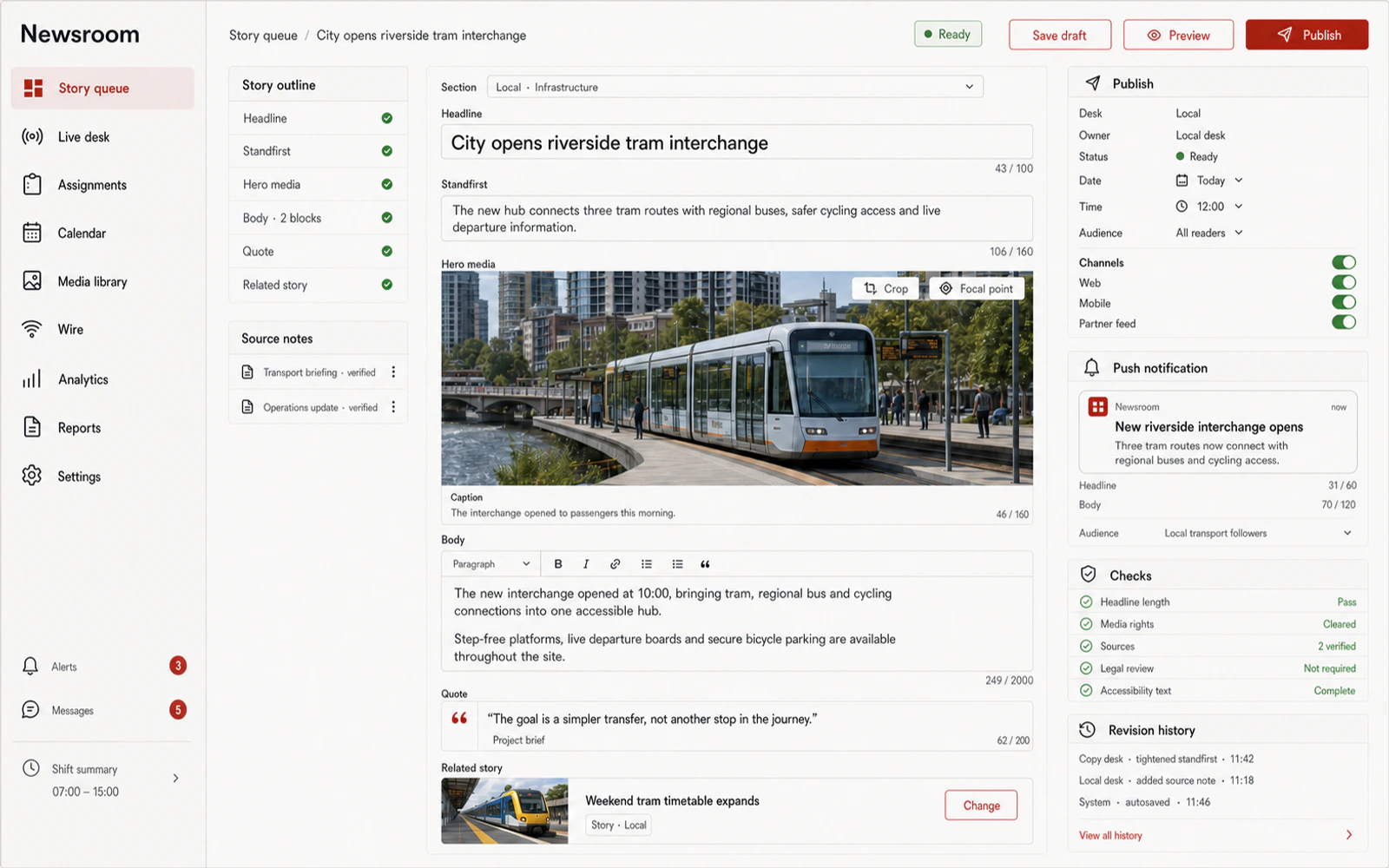 Conceptual article editor with media, sources, push preview and publishing checks
